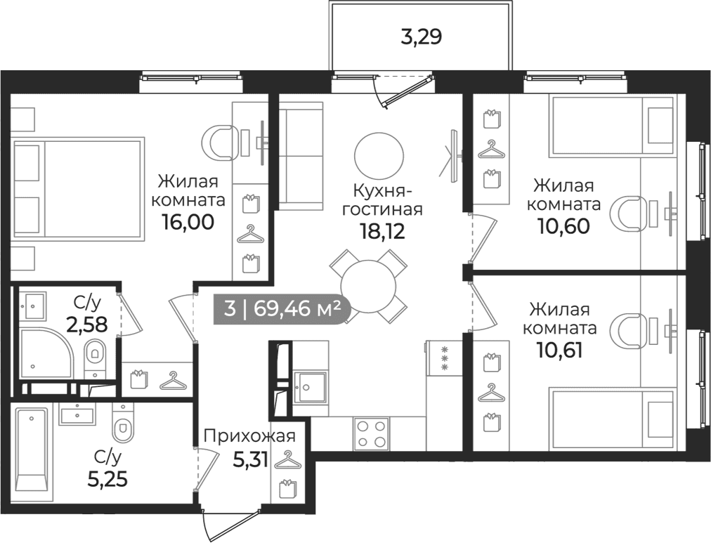 Планировка: Квартира евро-4 68,5 м² в ЖК «Квинта»