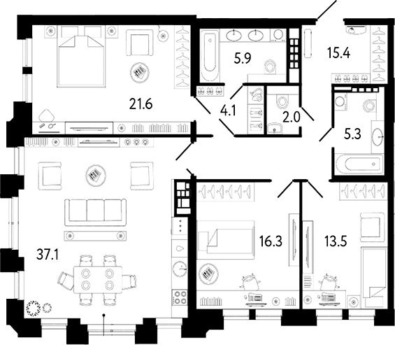 Планировка: Квартира евро-4 121,2 м² в ЖК «Коллекционер»
