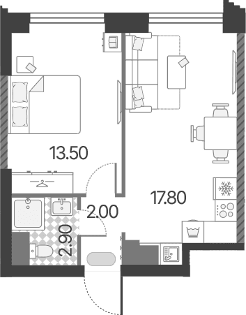 Планировка: Евродвушка 36,2 м² в ЖК «Обручева 30»