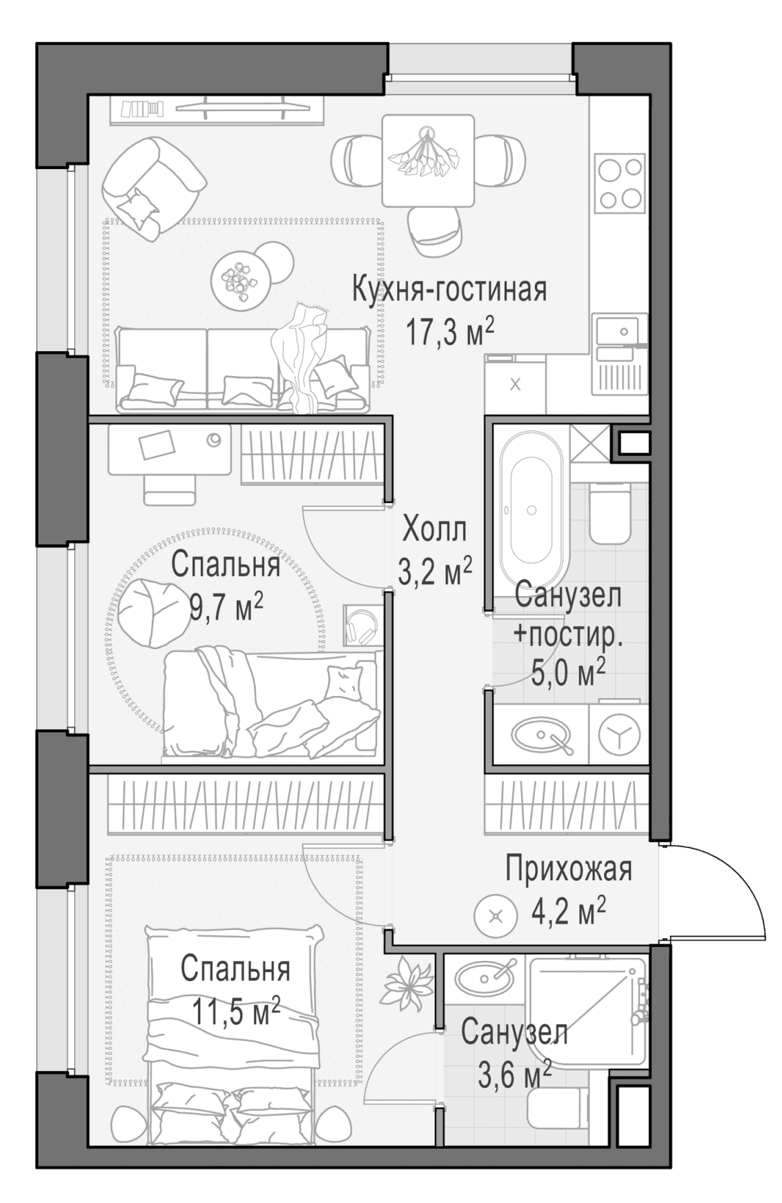 Планировка: Евротрёшка 54,5 м² в ЖК «Белый Град»