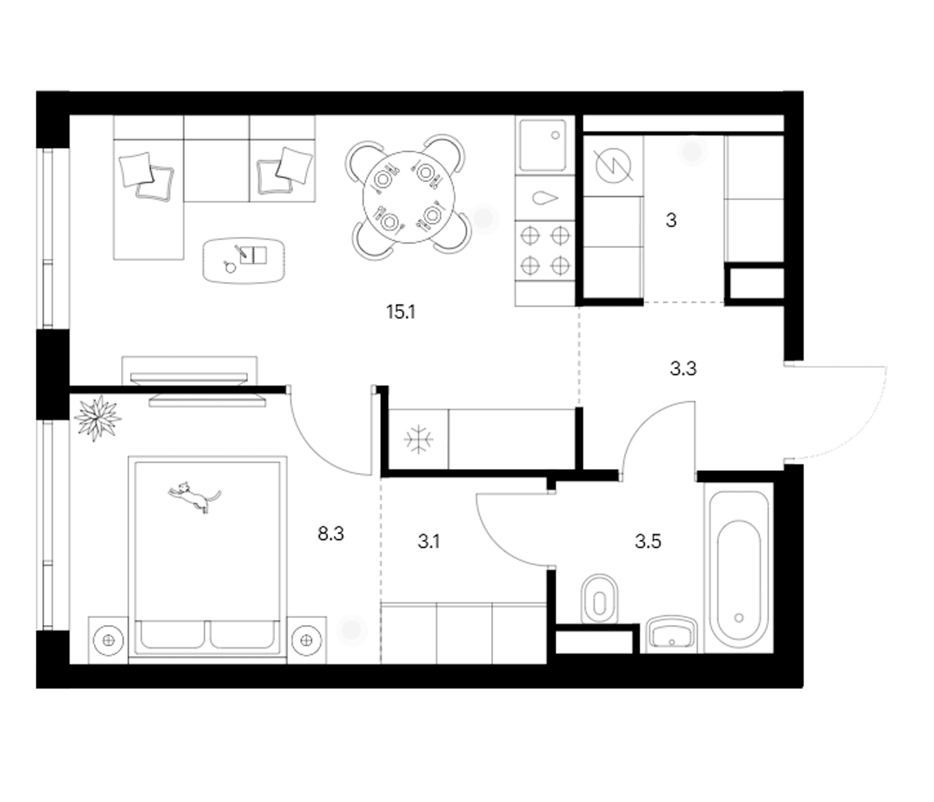 Планировка: 1-комнатная квартира 36,3 м² в ЖК «Бунинская набережная»