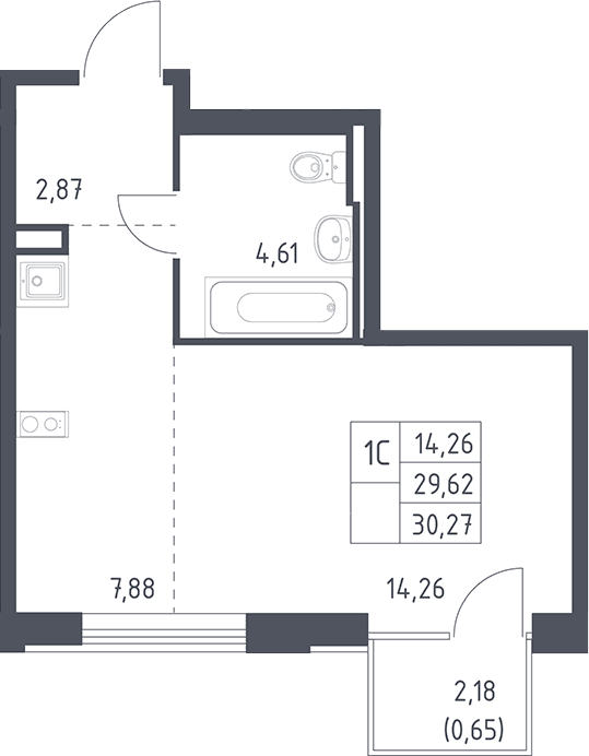 Планировка: Студия 29,6 м² в ЖК «Рублевский квартал»