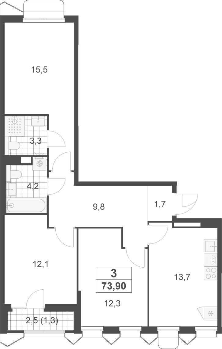 Планировка: 3-комнатная квартира 72,6 м² в ЖК «Деснаречье»
