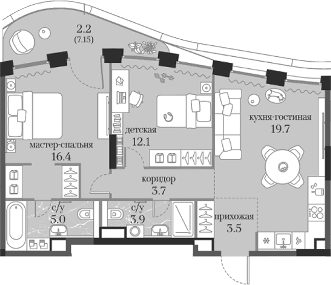 Планировка: 2-комнатная квартира 64,3 м² в ЖК «Муза»