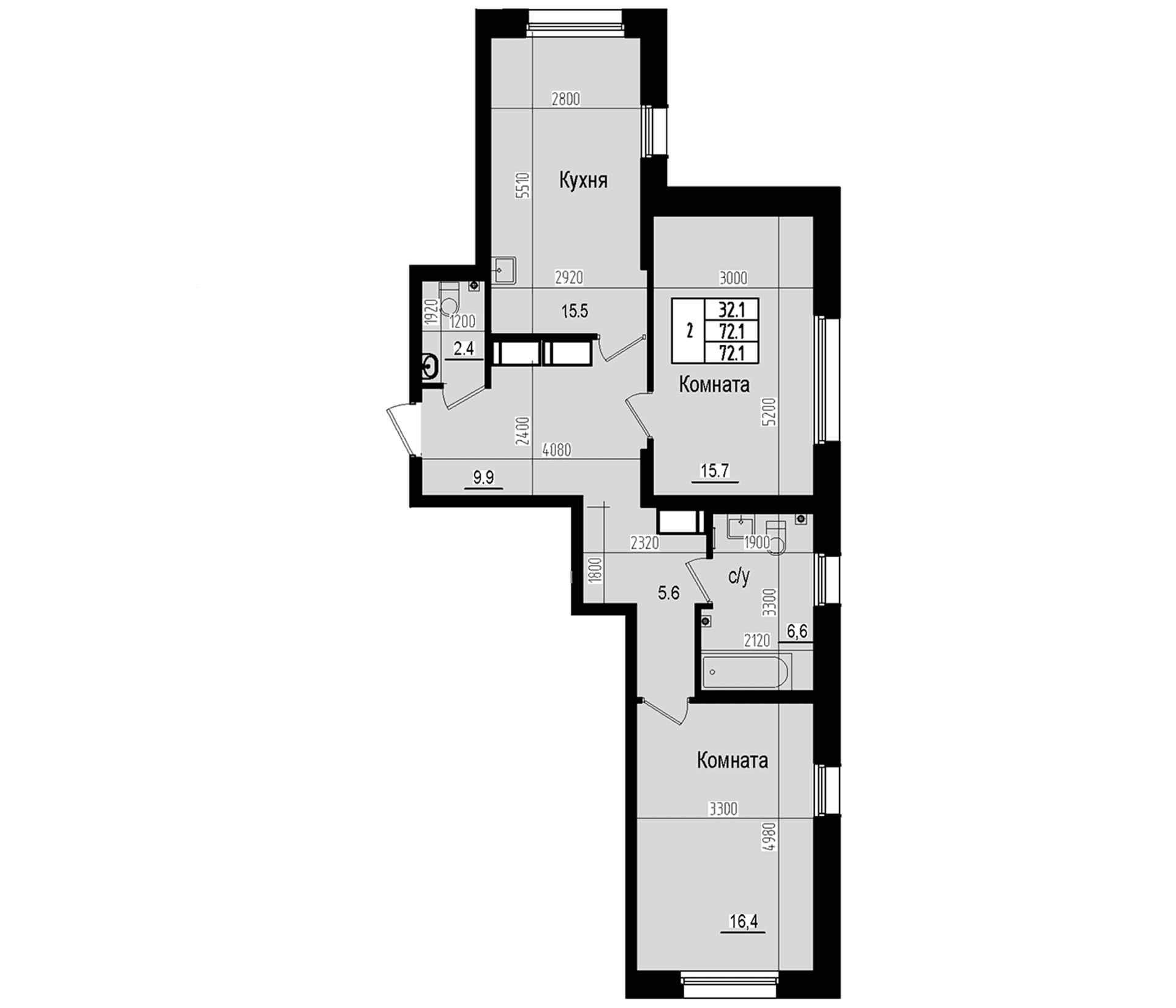 Планировка: Евротрёшка 72,1 м² в ЖК «Прагма Сити»
