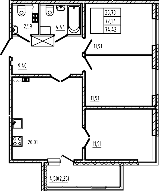 Планировка: Квартира евро-4 72,2 м² в ЖК «Новая история»
