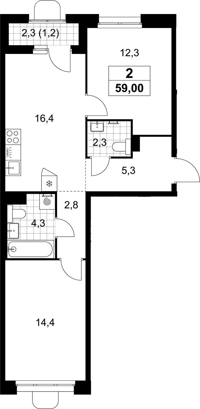 Планировка: Евротрёшка 57,8 м² в ЖК «Прокшино»