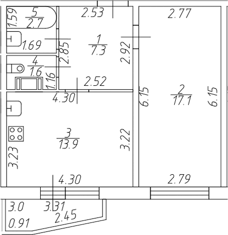 Планировка: 1-комнатная квартира 42,6 м² в ЖК «Тандем»