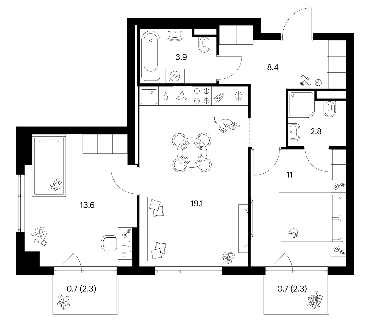 Планировка: 2-комнатная квартира 58,8 м² в ЖК «Зеленый парк»
