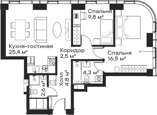 Планировка: Евротрёшка 65,9 м² в ЖК «Сити Бэй»