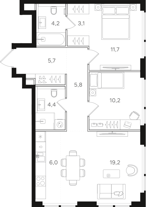 Планировка: Евротрёшка 70,3 м² в ЖК «НАЗАРЕ»