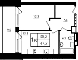 Планировка: 1-комнатная квартира 38,2 м² в ЖК «Морская Ривьера»
