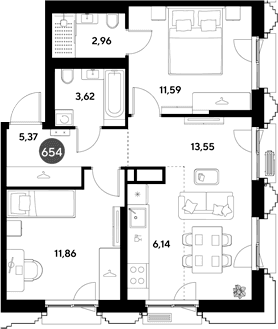 Планировка: Евротрёшка 55,1 м² в ЖК «ЭВО»