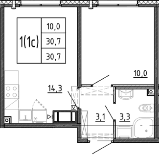 Планировка: 1-комнатная квартира 30,7 м² в ЖК «Ручьи 2»