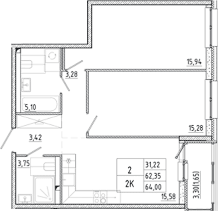Планировка: Евротрёшка 62,4 м² в ЖК «Окла Вижн»
