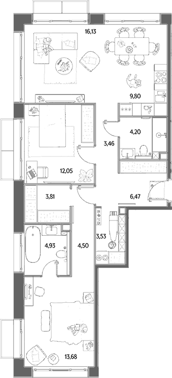 Планировка: Евротрёшка 82,6 м² в ЖК «МЫС»
