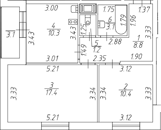 Планировка: 2-комнатная квартира 51,2 м² в ЖК «Аквилон All in 3.0»
