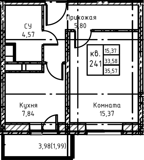 Планировка: 1-комнатная квартира 37,9 м² в ЖК «Высокий Берег»