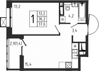 Планировка: 1-комнатная квартира 36,2 м² в ЖК «Берег»