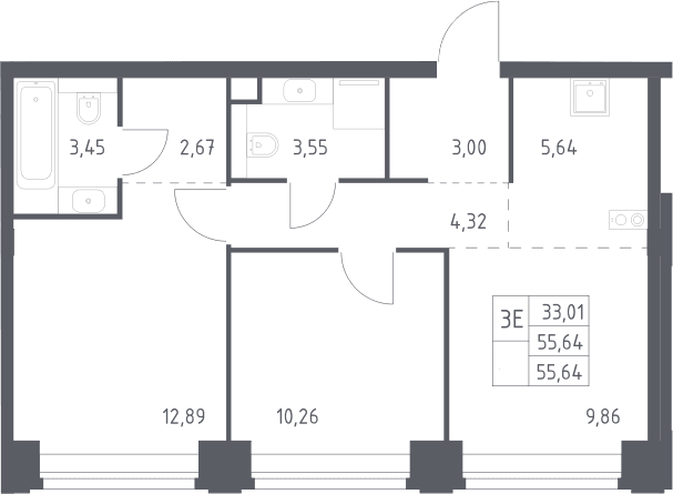 Планировка: Евротрёшка 55,6 м² в ЖК «НОВА»