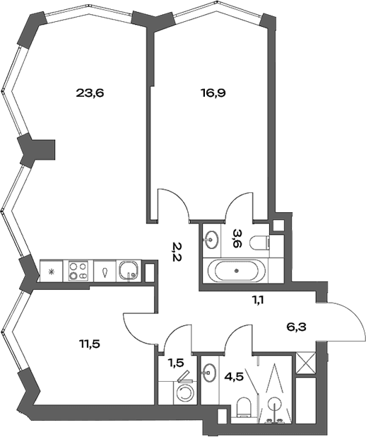 Планировка: Евротрёшка 71,2 м² в ЖК «Акценты»