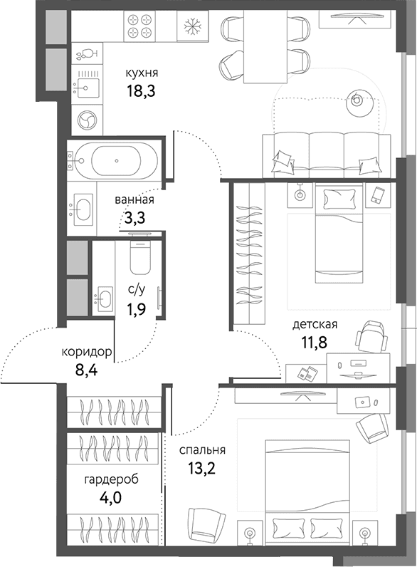 Планировка: 2-комнатная квартира 60,9 м² в ЖК «Сиреневый парк»