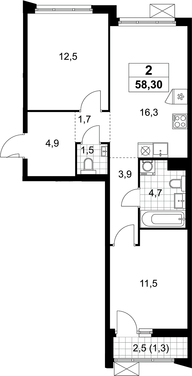 Планировка: Евротрёшка 57 м² в ЖК «Деснаречье»