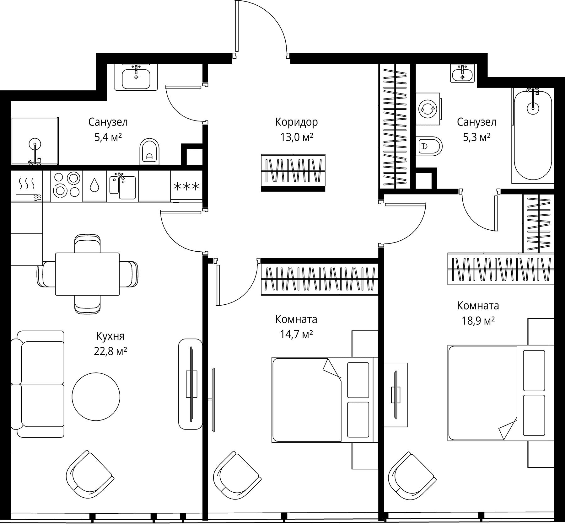 Планировка: Евротрёшка 80,1 м² в ЖК «ОНЕ»