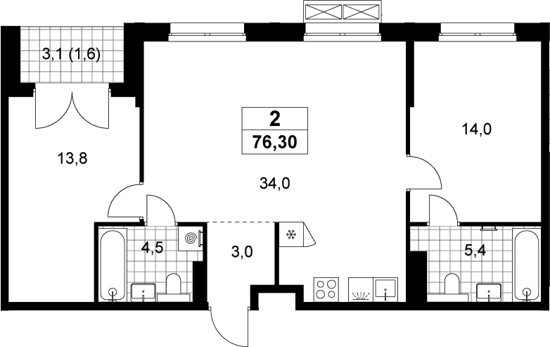 Планировка: Евротрёшка 74,7 м² в ЖК «Хольм»