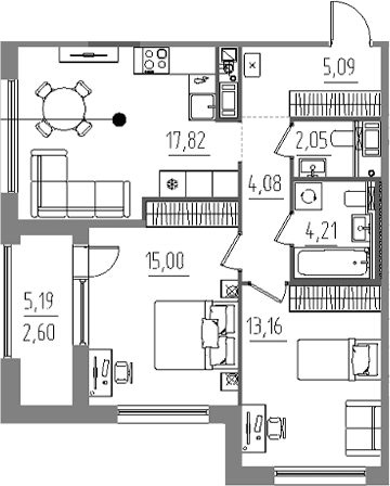 Планировка: Евротрёшка 61,4 м² в ЖК «Лиггат»