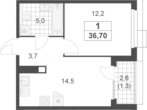 Планировка: 1-комнатная квартира 35,4 м² в ЖК «Скандинавия»
