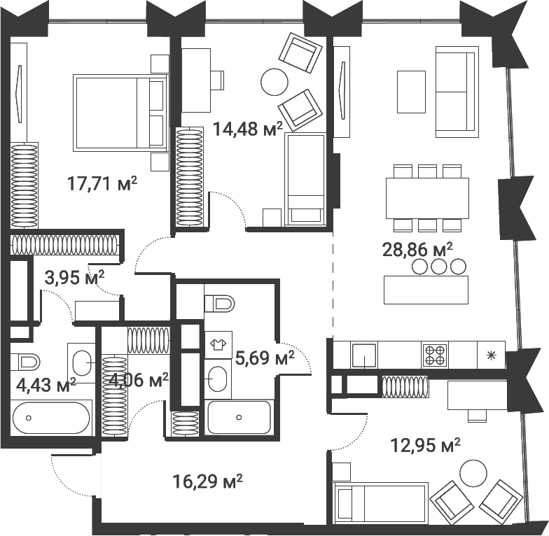 Планировка: Квартира евро-4 111,1 м² в ЖК «Первый Нагатинский»