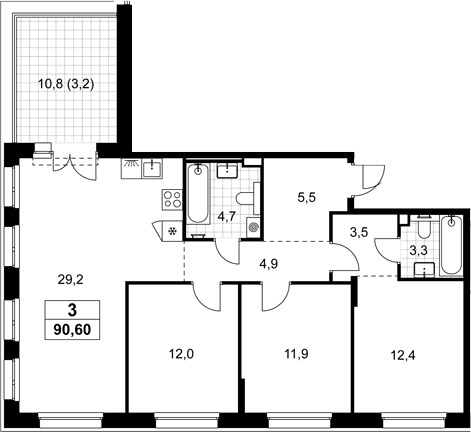 Планировка: Квартира евро-4 87,4 м² в ЖК «Хольм»