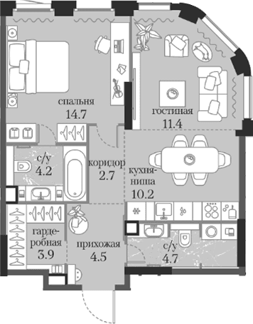 Планировка: 1-комнатная квартира 56,3 м² в ЖК «Муза»