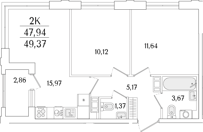 Планировка: Евротрёшка 47,9 м² в ЖК «Гранат»