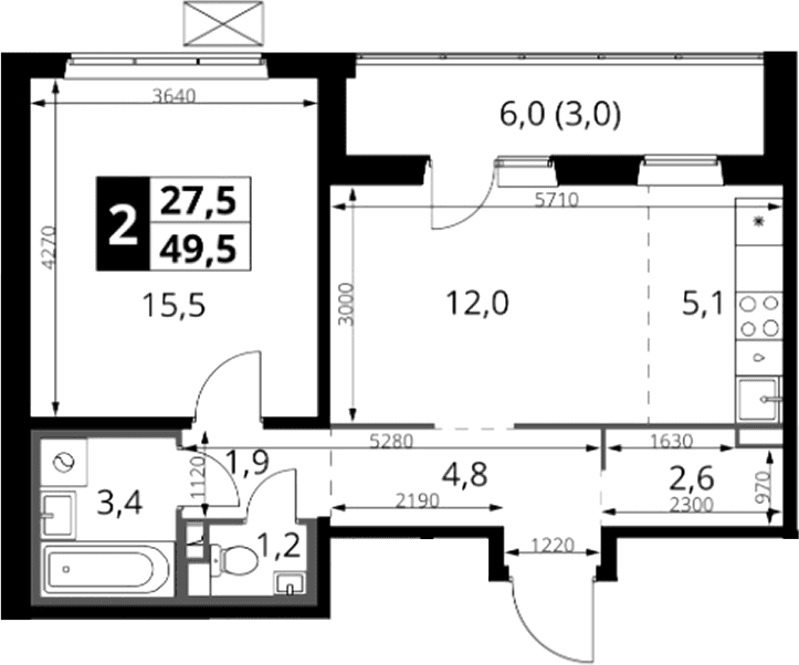 Планировка: Евродвушка 46,5 м² в ЖК «1-й Южный»