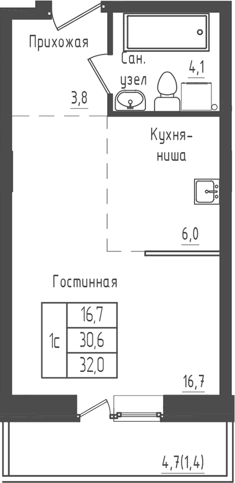 Планировка: Студия 30,6 м² в ЖК «Зеленый город»
