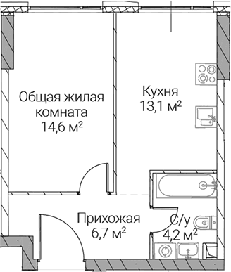 Планировка: 1-комнатная квартира 38,6 м² в ЖК «СЕЗАР СИЛИКА»