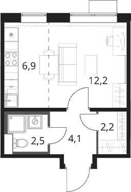 Планировка: Студия 27,9 м² в ЖК «1-й Шереметьевский»