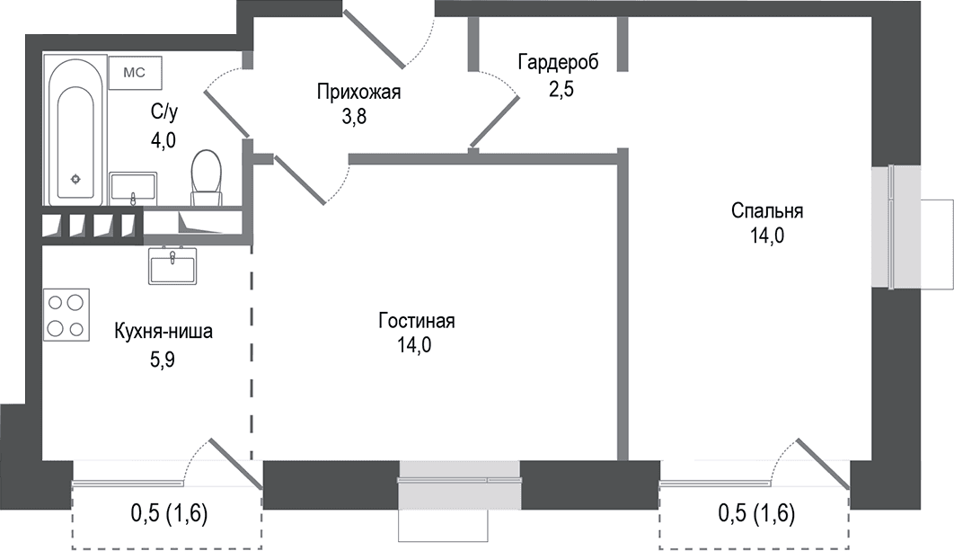 Планировка: Евродвушка 44,2 м² в ЖК «Киноквартал»