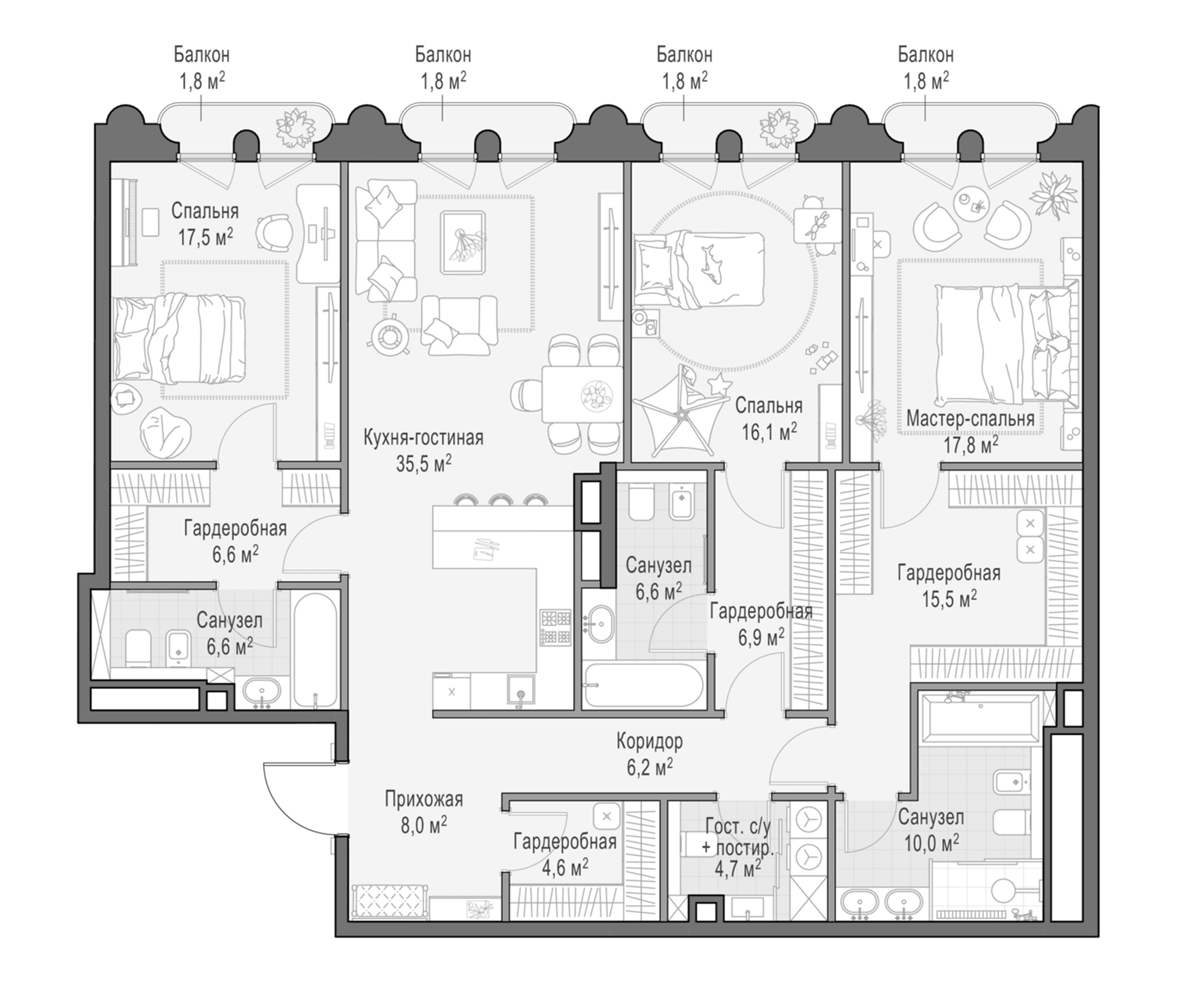 Планировка: Квартира евро-4 166,9 м² в ЖК «Клубный квартал Фрунзенский»