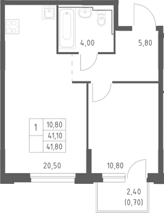 Планировка: Евродвушка 41,1 м² в ЖК «Химки Парк»