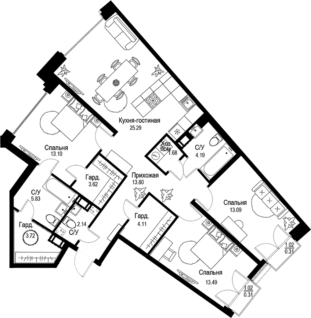 Планировка: Квартира евро-4 104,1 м² в ЖК «ID Petrogradskaya»
