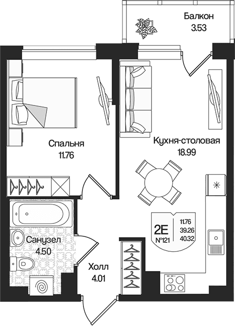 Планировка: Евродвушка 39,3 м² в ЖК «Охтинские высоты»