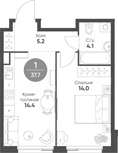 Планировка: Евродвушка 37,7 м² в ЖК «Шагал»