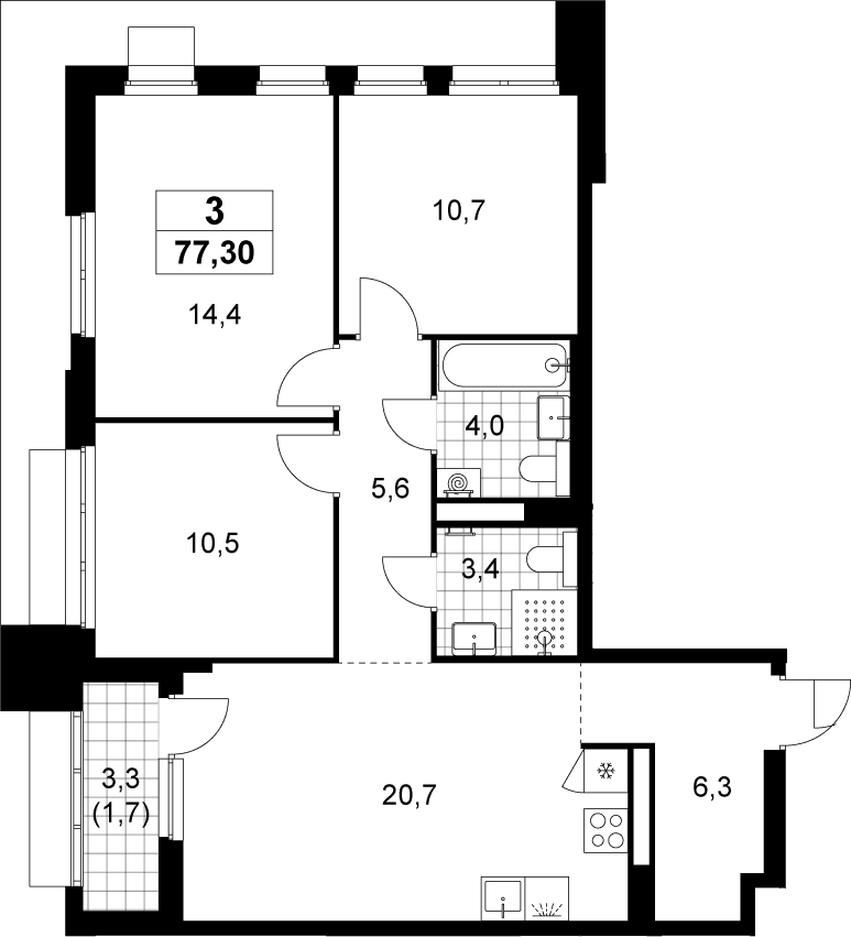 Планировка: Квартира евро-4 75,6 м² в ЖК «Деснаречье»