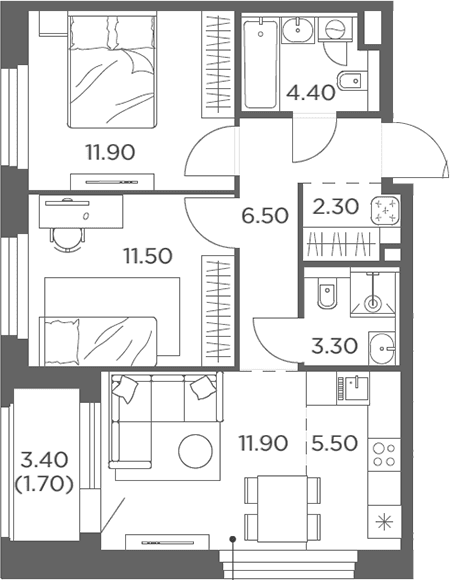 Планировка: Евротрёшка 57,4 м² в ЖК «Белый Град»