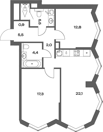 Планировка: Евротрёшка 71,6 м² в ЖК «Акценты»