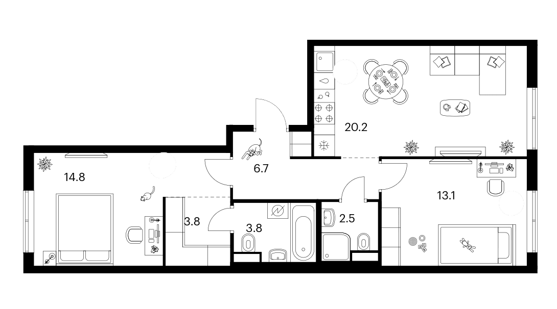 Планировка: 2-комнатная квартира 64,9 м² в ЖК «Москворечье»