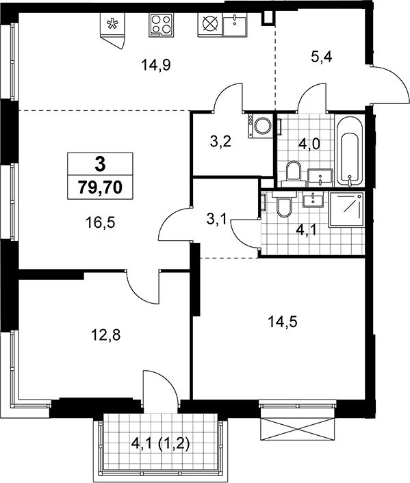 Планировка: Евротрёшка 78,5 м² в ЖК «Дзен-кварталы»